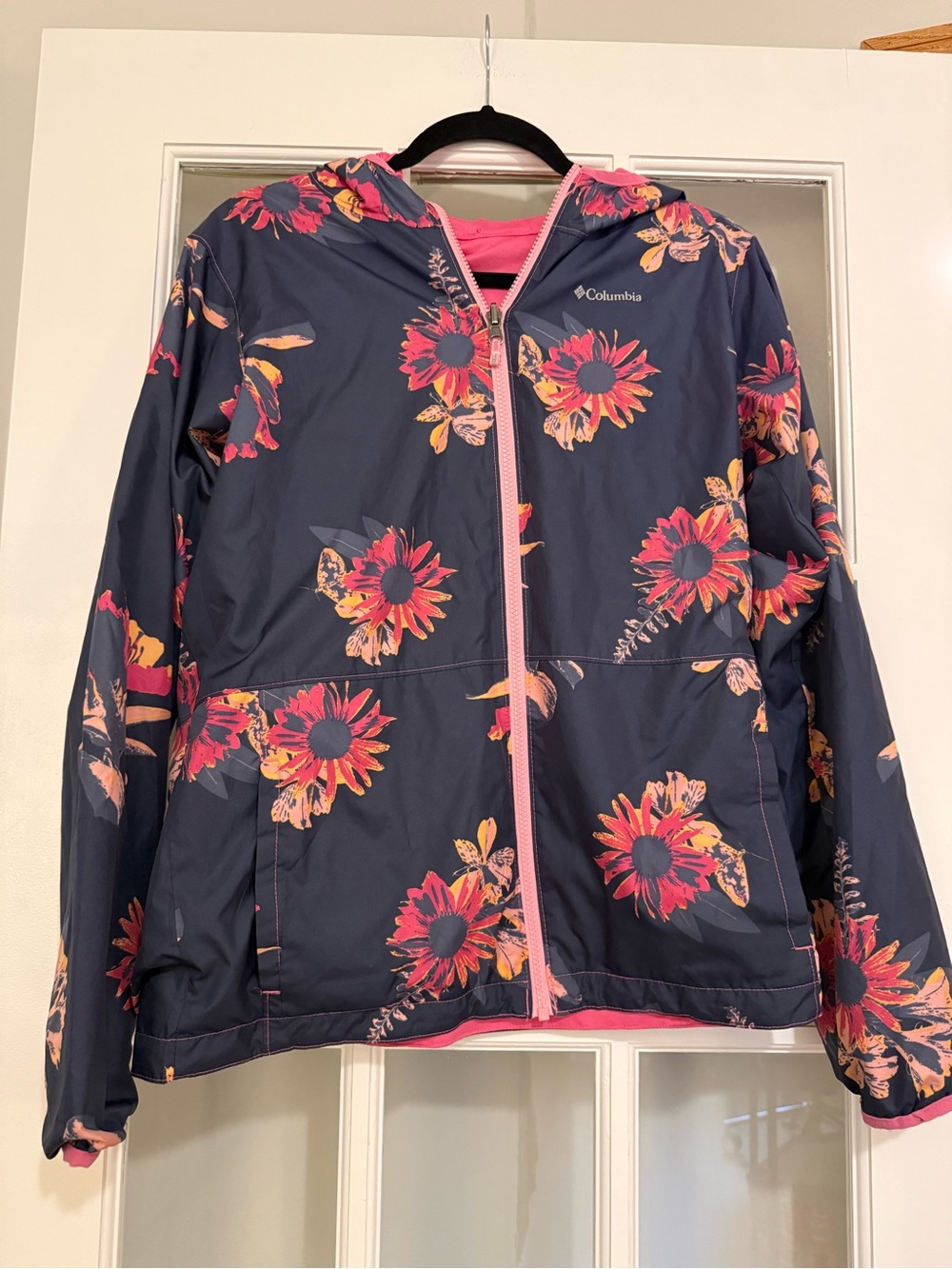 Columbia Light Weight Navy Floral Hooded Rain Jacket with Pink Trim